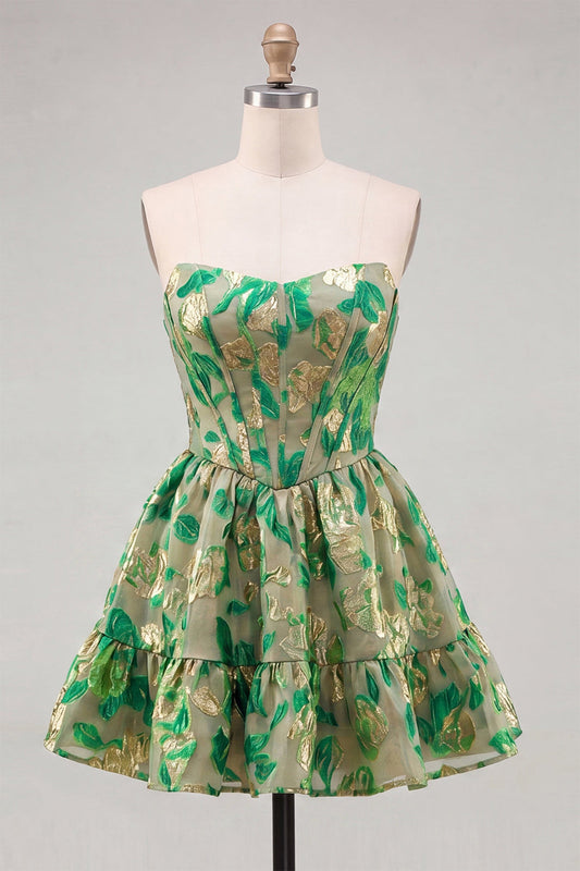 Robe de bal courte en jacquard corseté ligne A "Green Sweetheart" avec volants