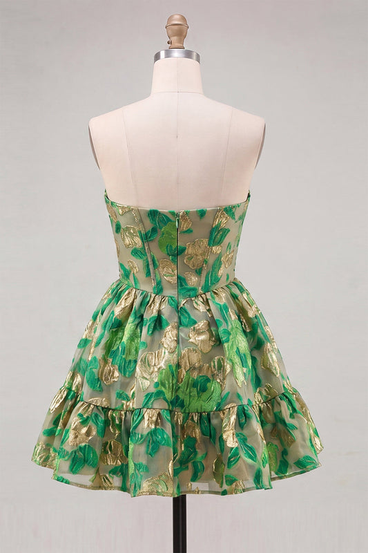 Robe de bal courte en jacquard corseté ligne A "Green Sweetheart" avec volants