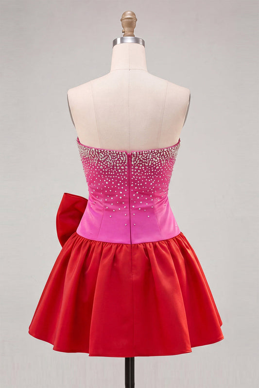 Fuchsia and Red Strapless Beaded A-Line Short Homecoming Dress with Bow