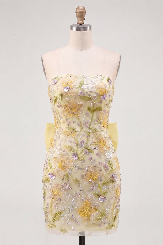 Robe de bal moulante bustier jaune à fleurs et paillettes avec nœud