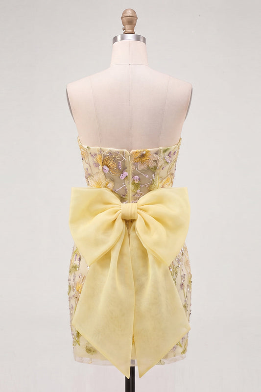 Robe de bal moulante bustier jaune à fleurs et paillettes avec nœud