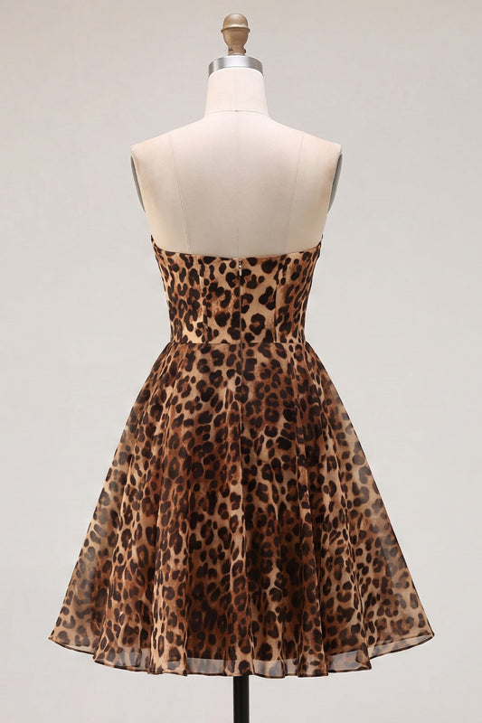 Brown Leopard A-Line Strapless Short Homecoming Dress with Beading