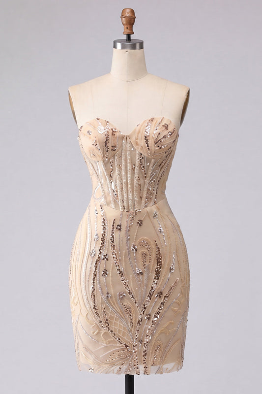Strapless Champagne Bodycon Sequin Homecoming Dress with Lace-Up Back