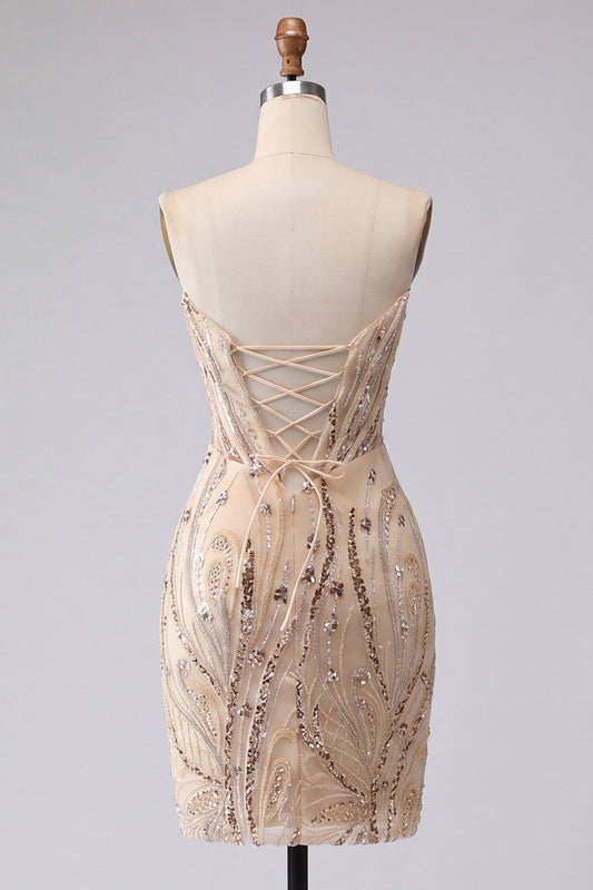 Strapless Champagne Bodycon Sequin Homecoming Dress with Lace-Up Back