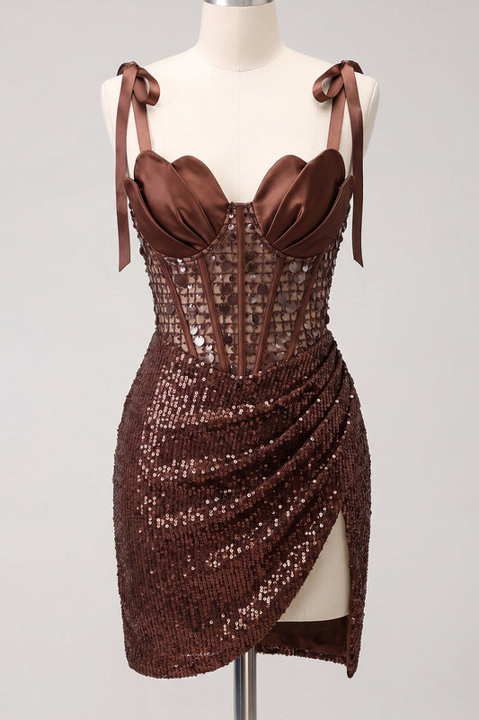 Sparkly Sheer Corset Bodycon Sequins Lace Up Back Bowed Straps Homecoming Dress with Slit
