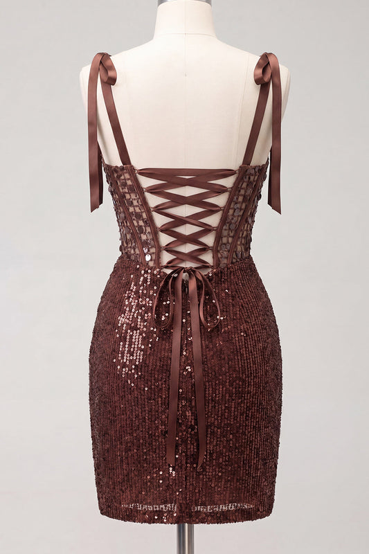 Sparkly Sheer Corset Bodycon Sequins Lace Up Back Bowed Straps Homecoming Dress with Slit