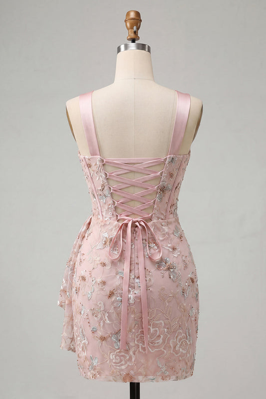 Blush Bodycon Halter Neck Corset Lace-Up Back Ruched Homecoming Dress with Sash
