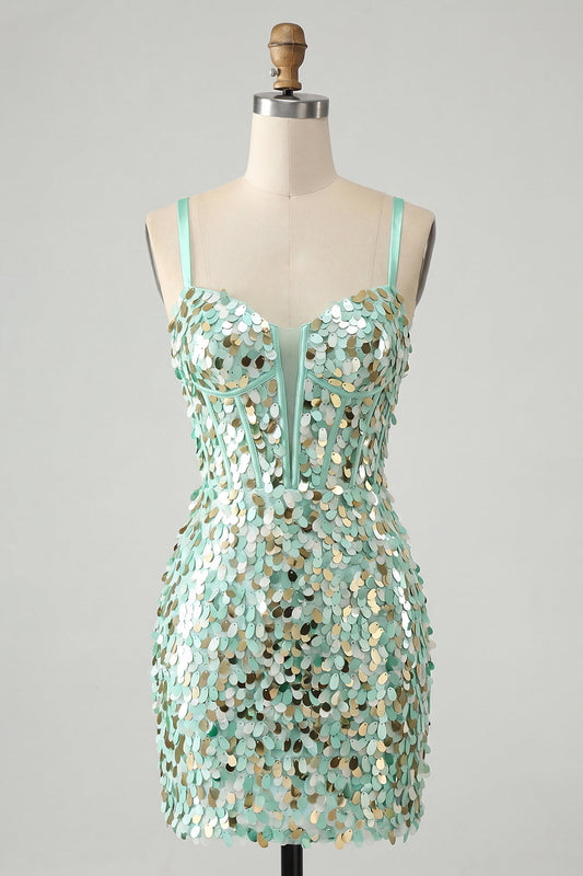 Robe courte de bal de fin d'études bustier vert menthe scintillant moulant à lacets et dos pailleté