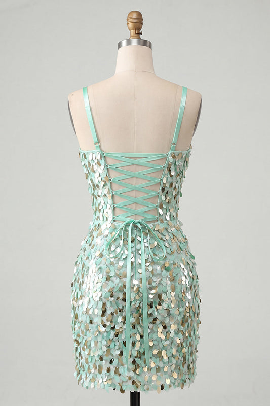 Robe courte de bal de fin d'études bustier vert menthe scintillant moulant à lacets et dos pailleté