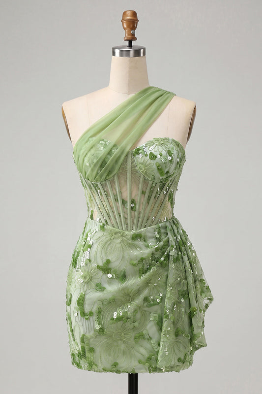 Robe de soirée moulante verte avec corset, épaule unique, laçage au dos, paillettes et ceinture