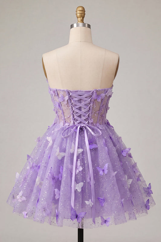 A-Line Lilac Sweetheart Sheer Corset Appliqued Homecoming Dress with Lace Up Back