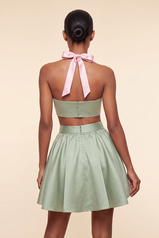 Robe de bal de retour en satin, 2 pièces, coupe trapèze, dos nu, rose et vert