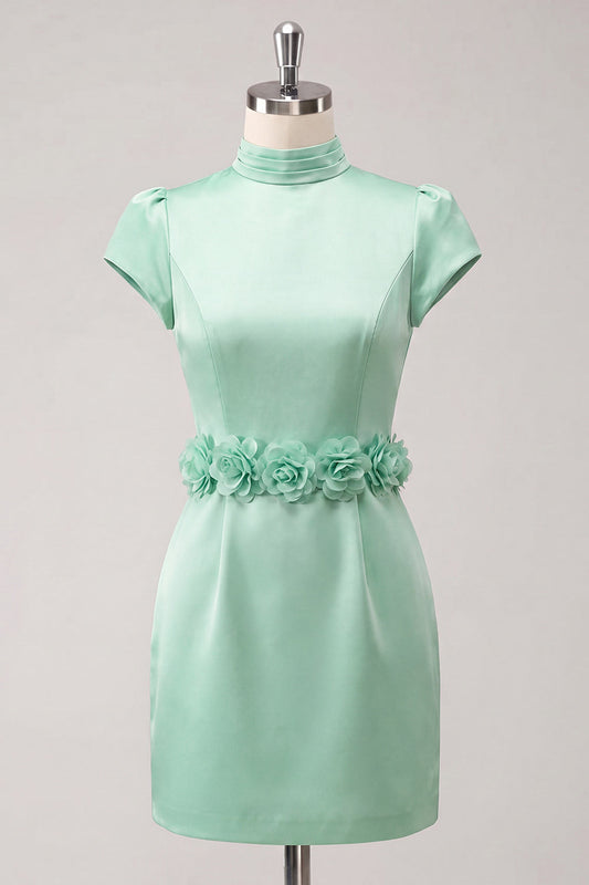 Robe de soirée moulante verte à col montant, en satin, avec manches courtes et fleurs 3D