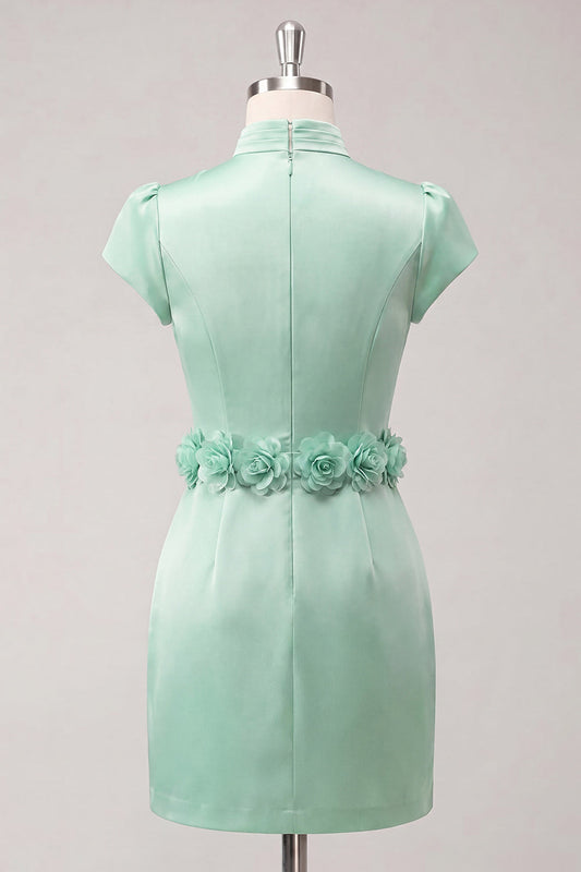 Robe de soirée moulante verte à col montant, en satin, avec manches courtes et fleurs 3D