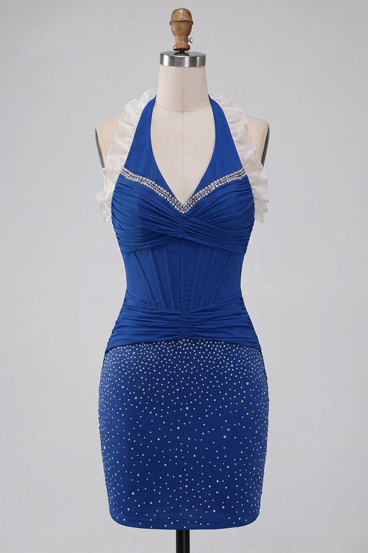 Dark Blue Halter Neck Bodycon Corset Ruffled Ruched Beaded Homecoming Dress with Lace Up Back
