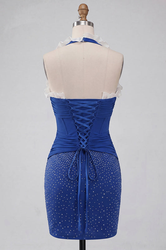 Dark Blue Halter Neck Bodycon Corset Ruffled Ruched Beaded Homecoming Dress with Lace Up Back