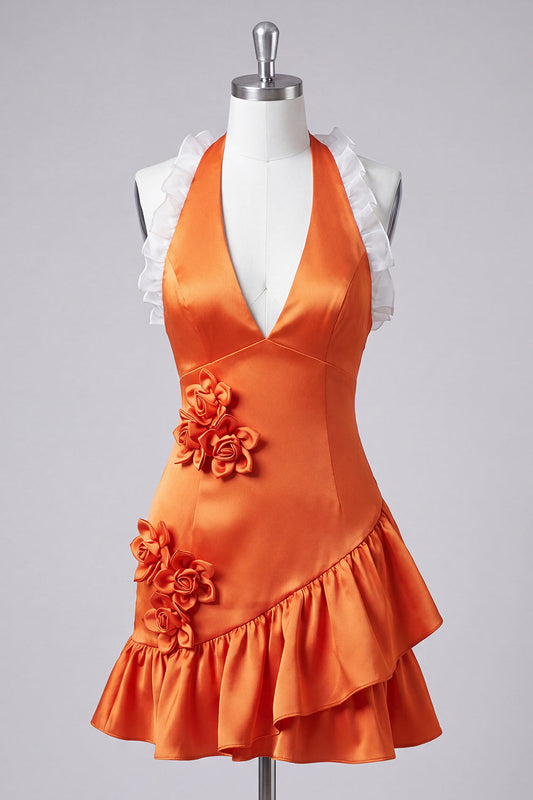 Orange Halter Neck Satin Bodycon Ruffled Lace Up Back Homecoming Dress with 3D Flowers