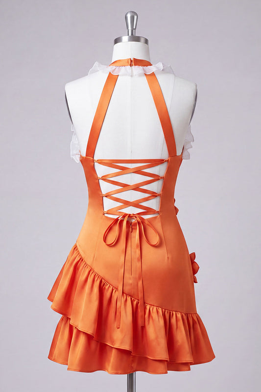 Orange Halter Neck Satin Bodycon Ruffled Lace Up Back Homecoming Dress with 3D Flowers