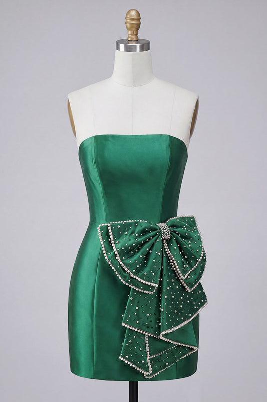 Robe de bal bustier moulante vert foncé avec laçage au dos en perles, nœud à la taille