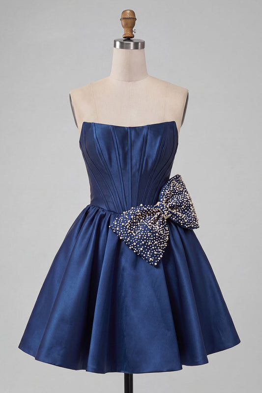 Navy Satin Strapless A-Line Pearl Corset Lace Up Back Homecoming Dress with Bow