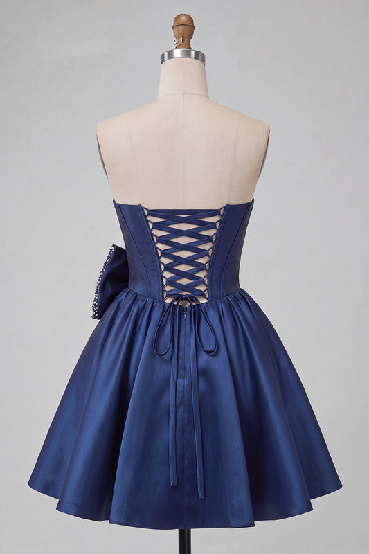 Navy Satin Strapless A-Line Pearl Corset Lace Up Back Homecoming Dress with Bow