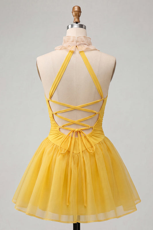 Yellow A-Line Halter Neck Ruffled Ruched Homecoming Dress with Lace-Up Back