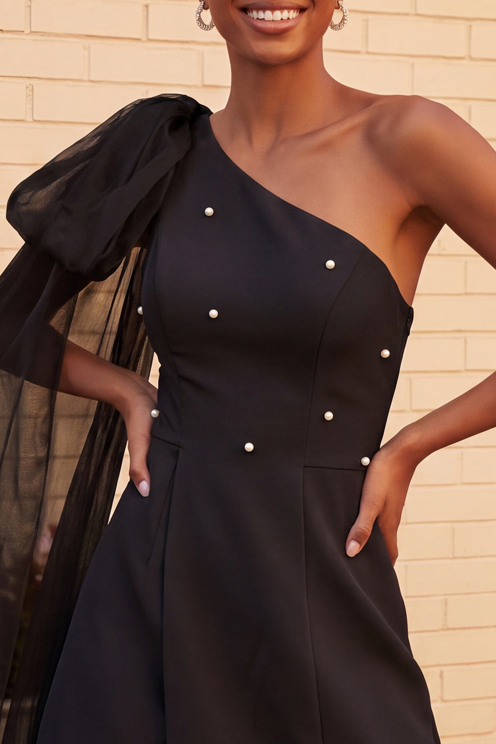 One Shoulder Dark Blue A-Line Pearl Homecoming Dress with Side Cape
