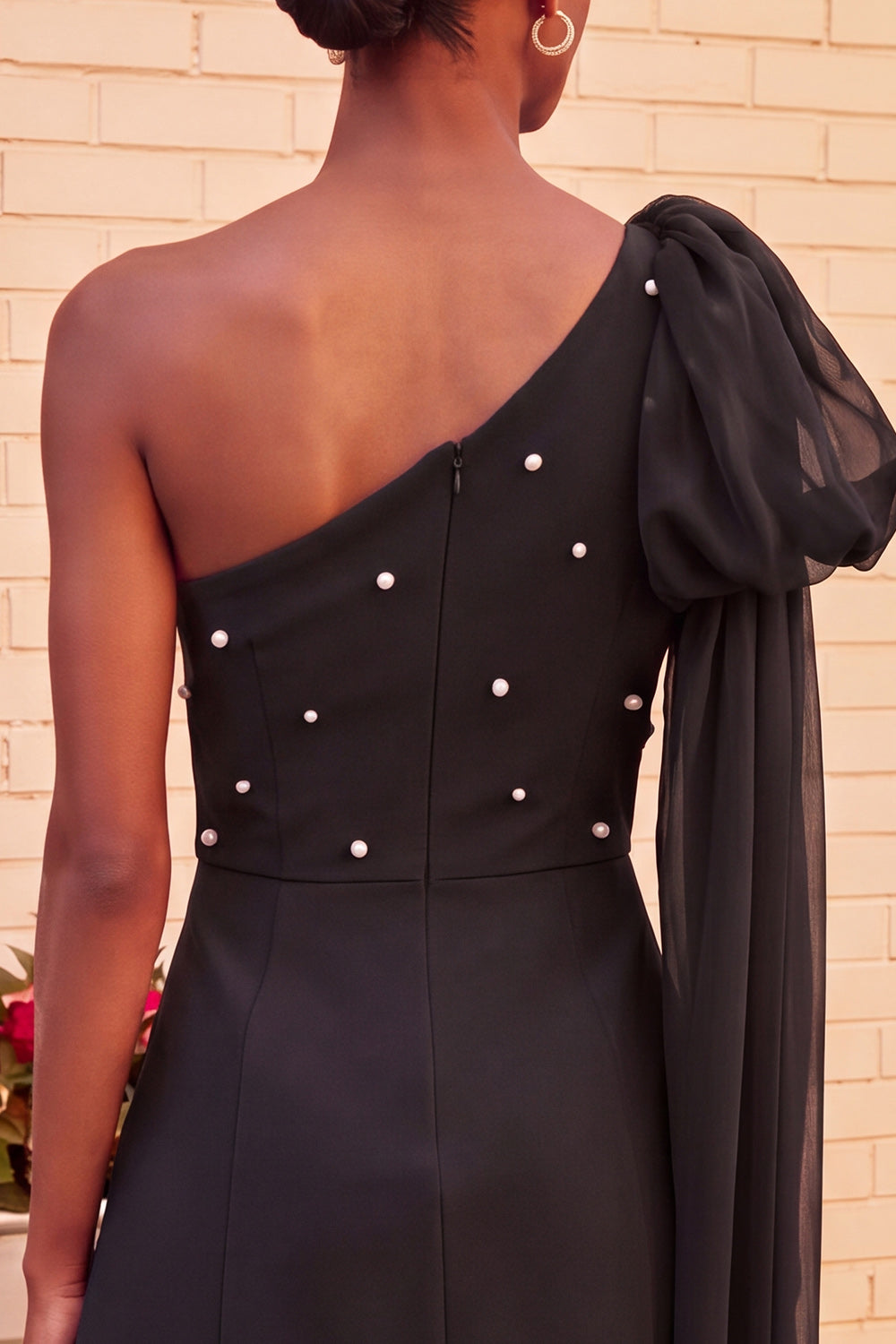 One Shoulder Dark Blue A-Line Pearl Homecoming Dress with Side Cape