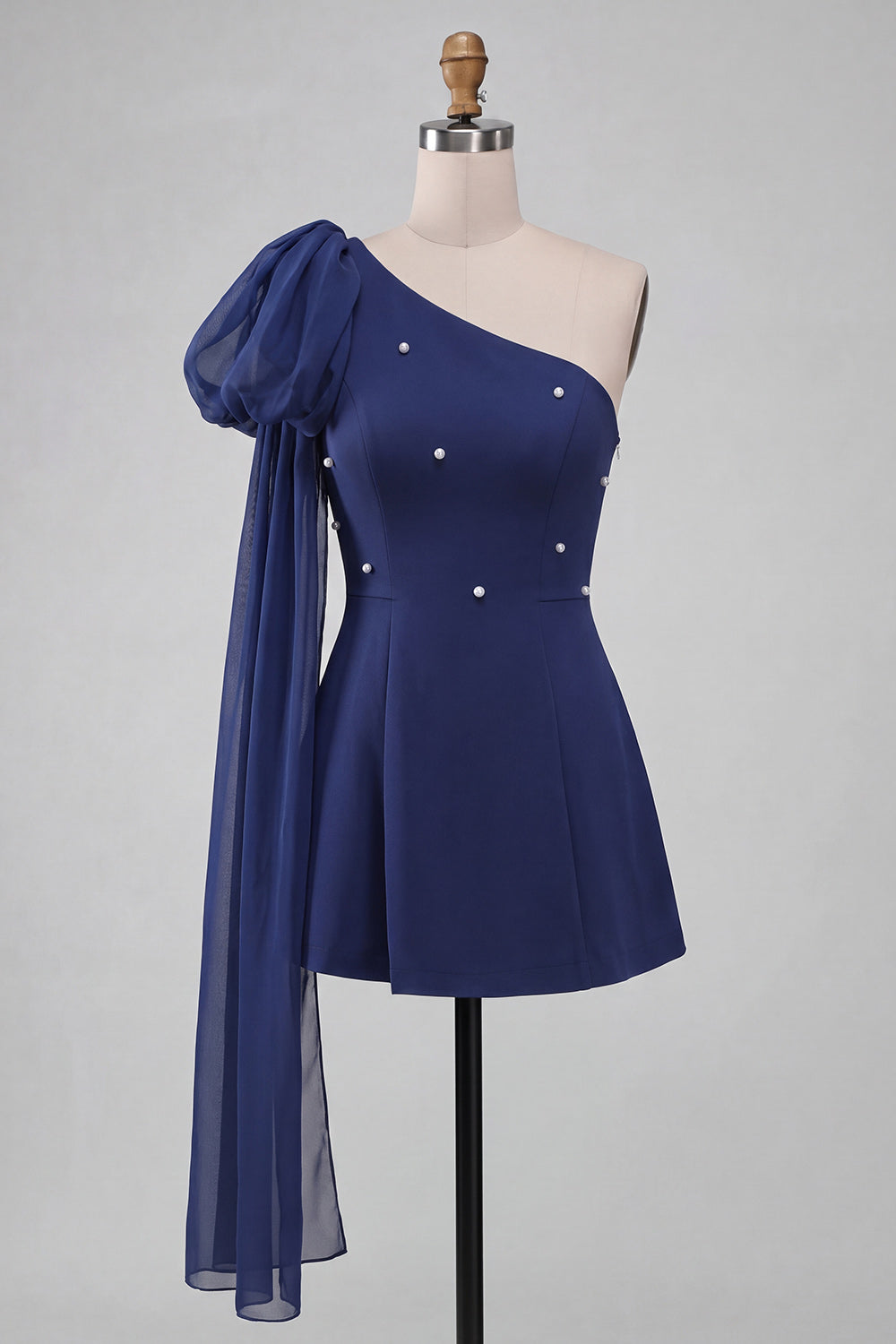 One Shoulder Dark Blue A-Line Pearl Homecoming Dress with Side Cape