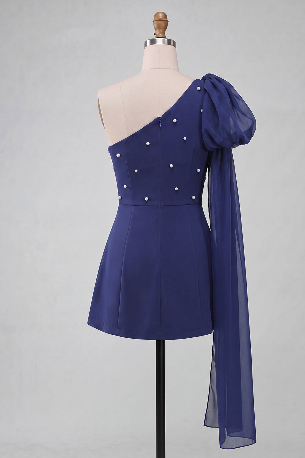 One Shoulder Dark Blue A-Line Pearl Homecoming Dress with Side Cape