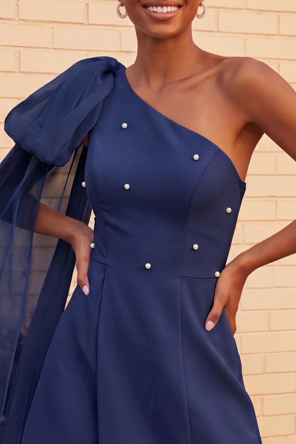 One Shoulder Dark Blue A-Line Pearl Homecoming Dress with Side Cape