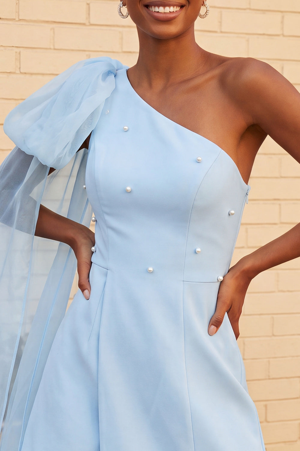 One Shoulder Dark Blue A-Line Pearl Homecoming Dress with Side Cape