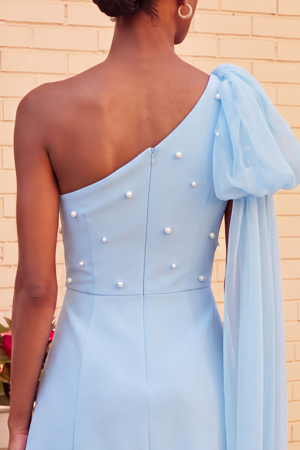 One Shoulder Dark Blue A-Line Pearl Homecoming Dress with Side Cape
