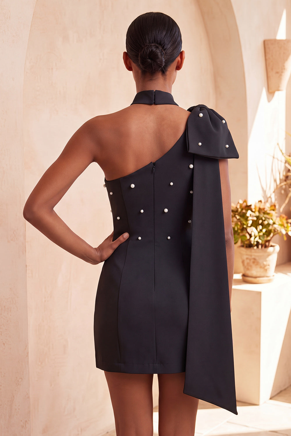 Bodycon One Shoulder Light Blue Pearl Bow Homecoming Dress with Side Cape