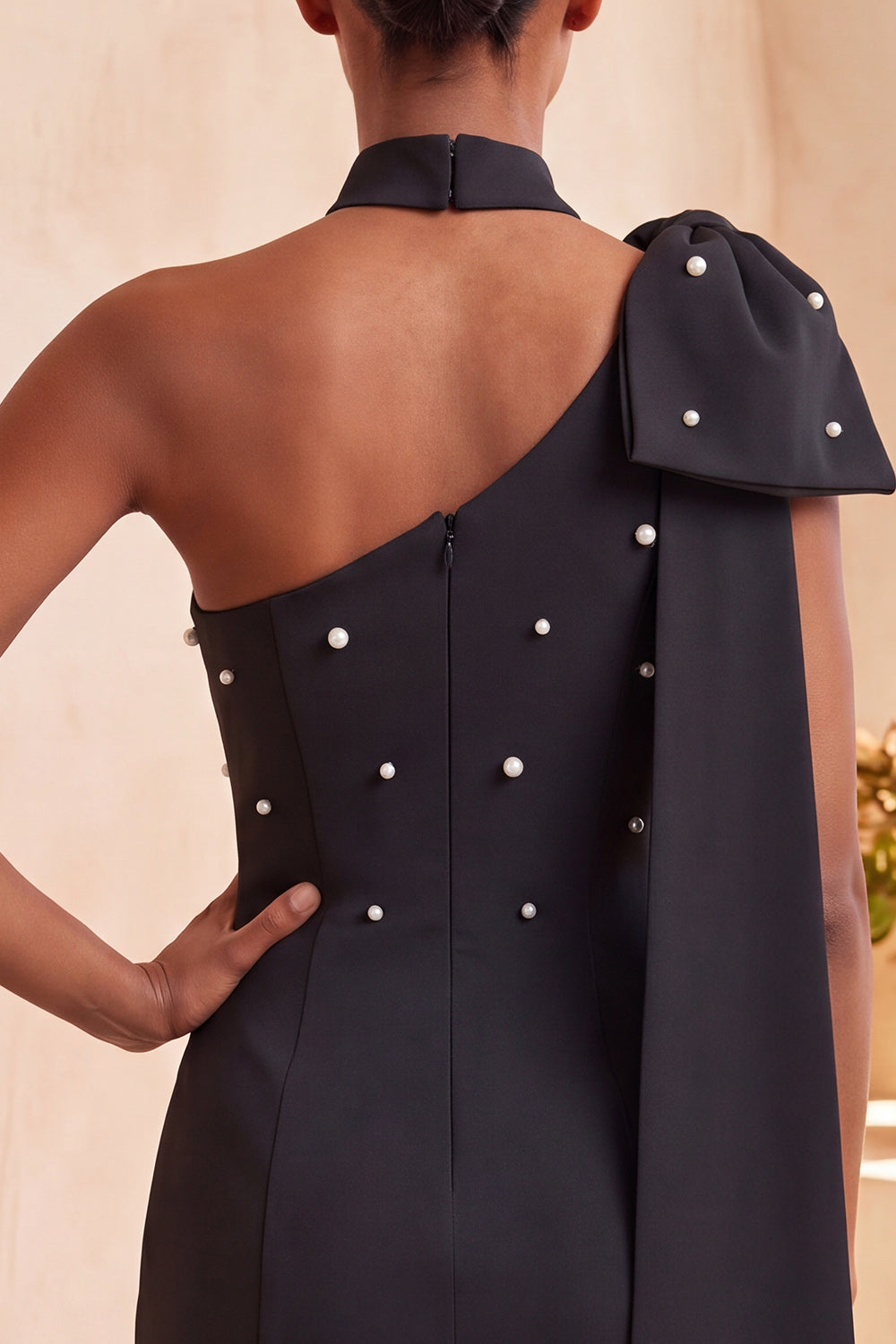 Bodycon One Shoulder Light Blue Pearl Bow Homecoming Dress with Side Cape