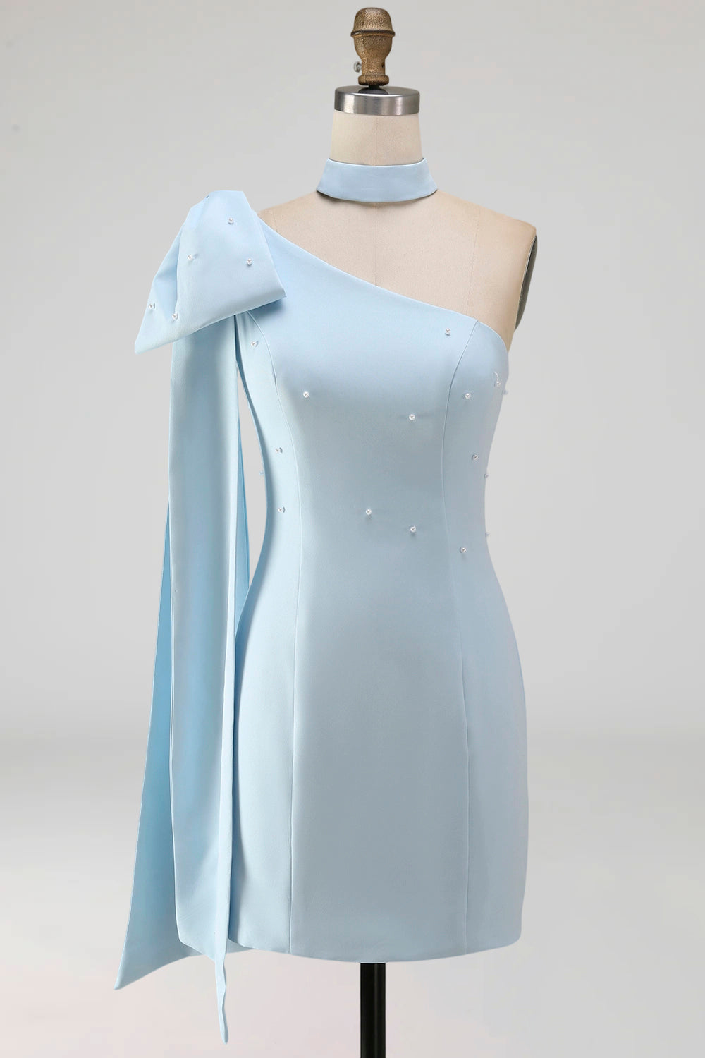 Bodycon One Shoulder Light Blue Pearl Bow Homecoming Dress with Side Cape