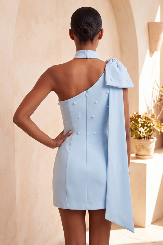 Bodycon One Shoulder Light Blue Pearl Bow Homecoming Dress with Side Cape