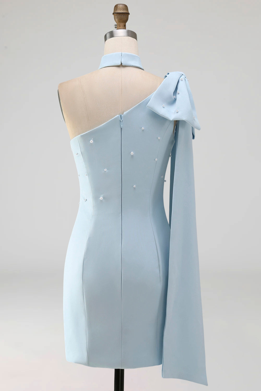 Bodycon One Shoulder Light Blue Pearl Bow Homecoming Dress with Side Cape