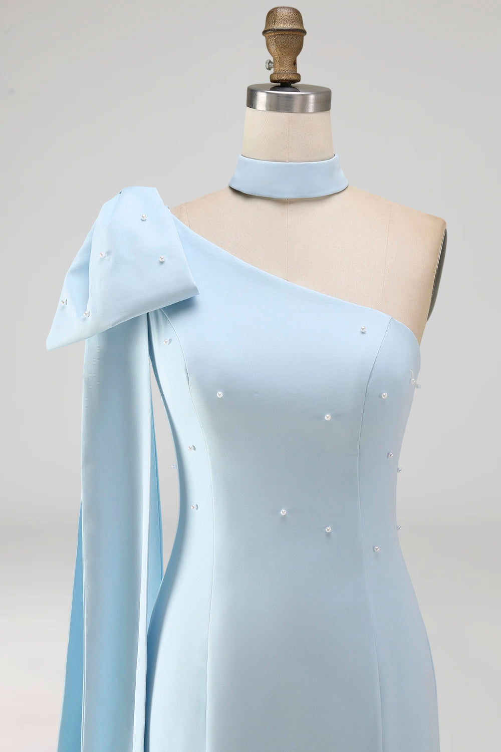Bodycon One Shoulder Light Blue Pearl Bow Homecoming Dress with Side Cape