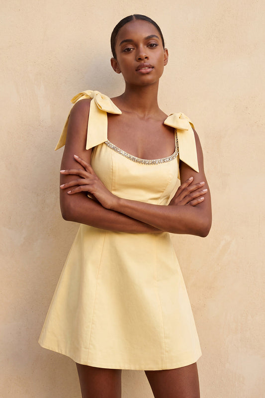 Light Yellow A-Line Bowed Straps Beaded Homecoming Dress with Lace Up Back