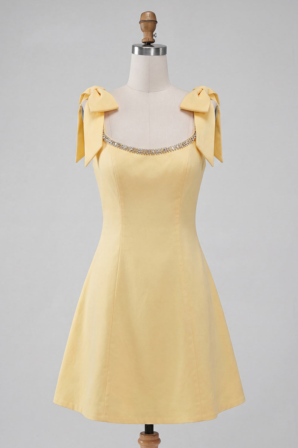 Light Yellow A-Line Bowed Straps Beaded Homecoming Dress with Lace Up Back