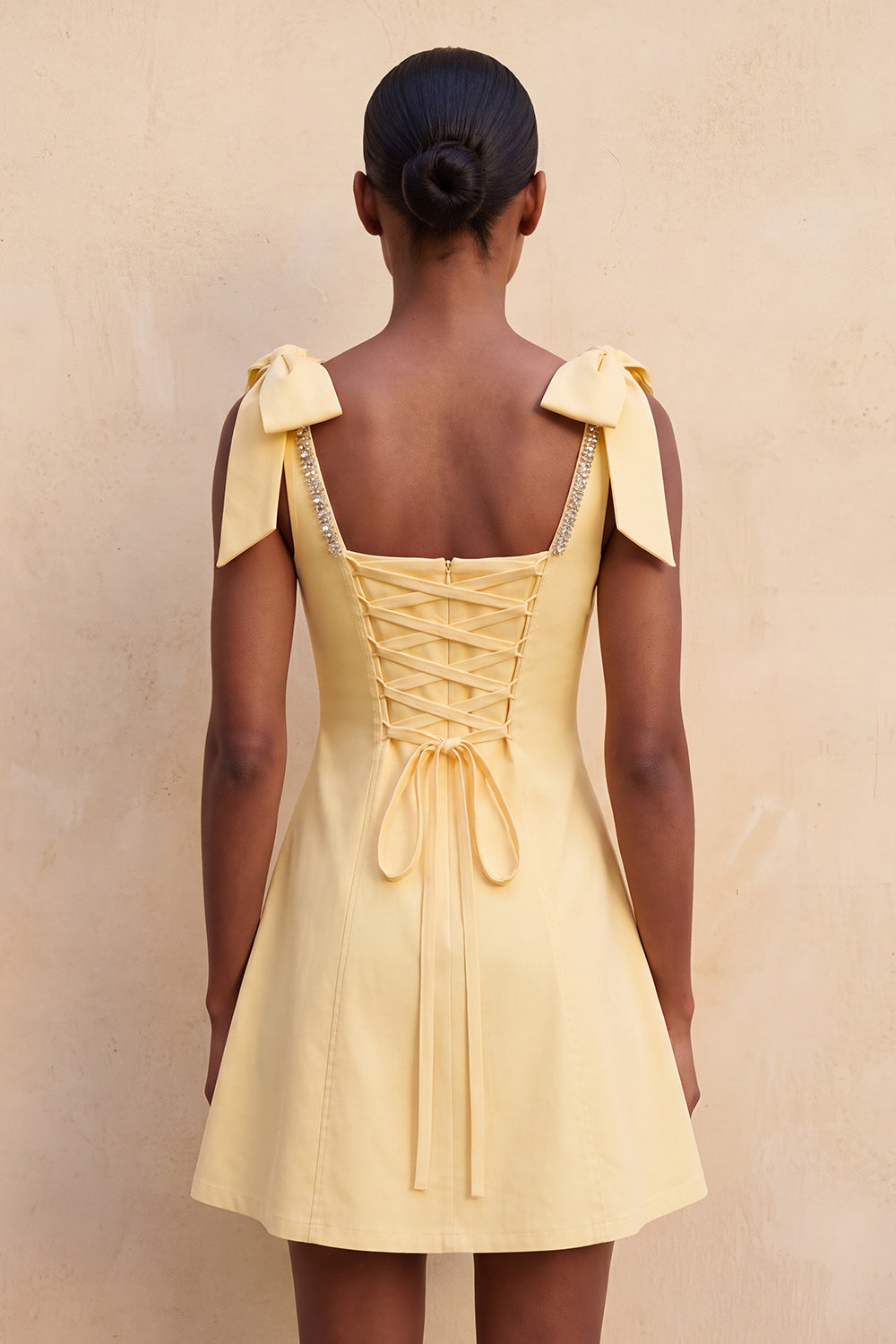 Light Yellow A-Line Bowed Straps Beaded Homecoming Dress with Lace Up Back