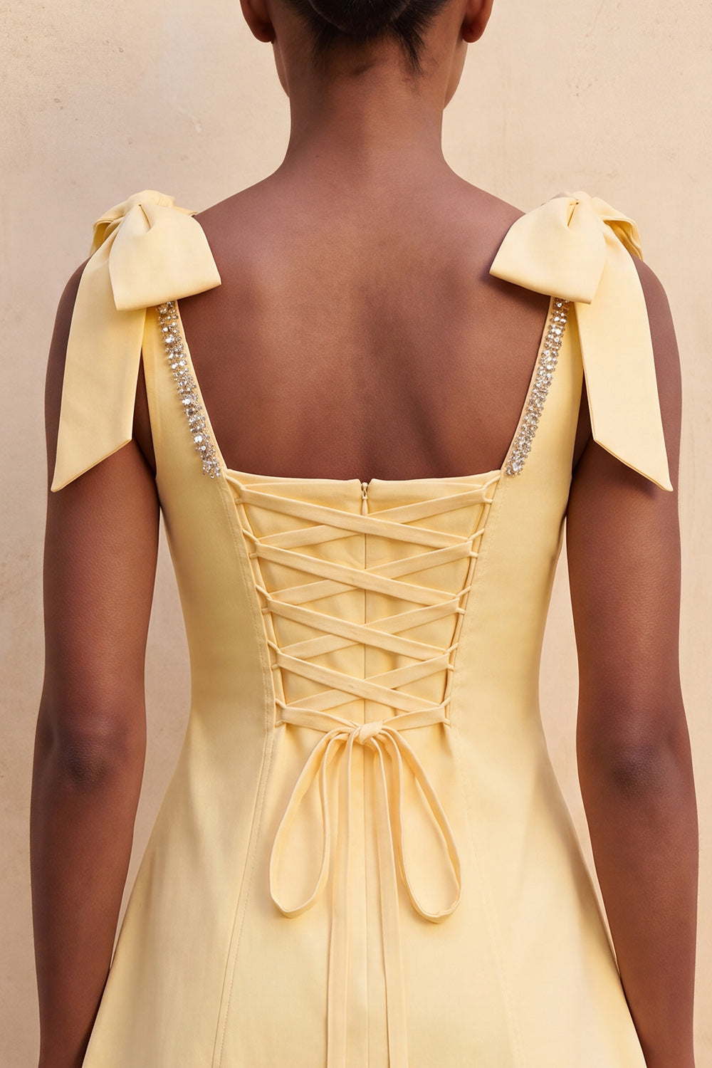 Light Yellow A-Line Bowed Straps Beaded Homecoming Dress with Lace Up Back
