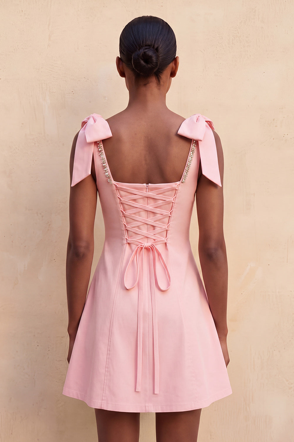 Light Yellow A-Line Bowed Straps Beaded Homecoming Dress with Lace Up Back