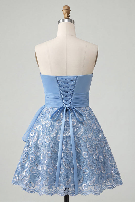 Sky Blue A-Line Sweetheart Sequins Lace Up Back Homecoming Dress with Sash