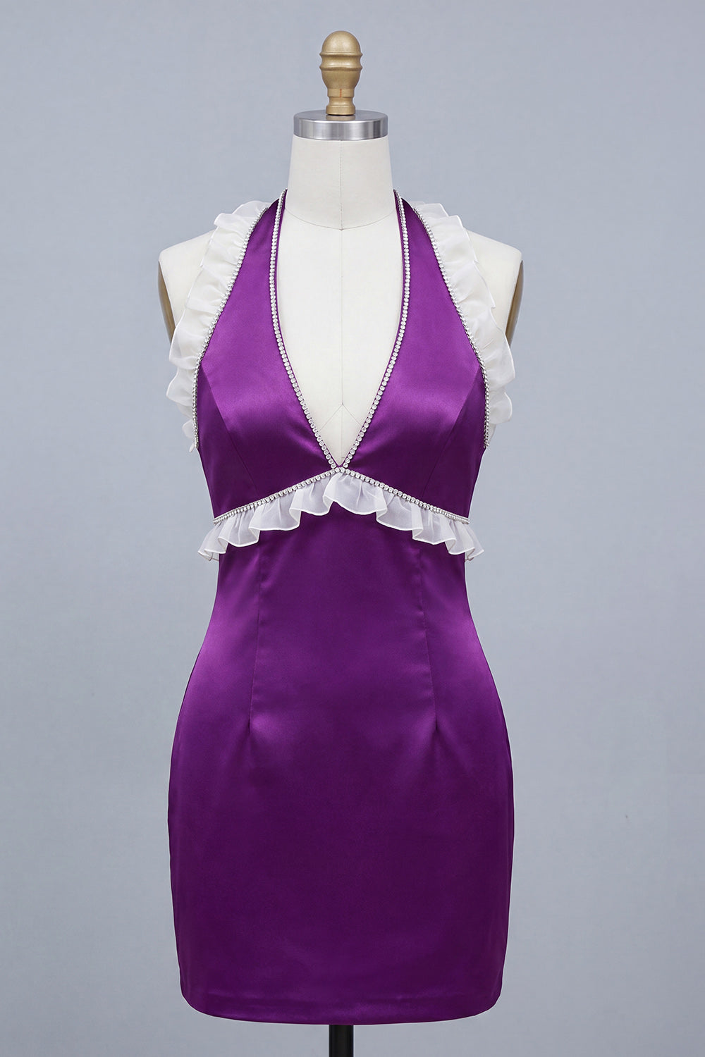 Satin Purple Bodycon Beaded Halter Neck Short Homecoming Dress with Lace Up Back