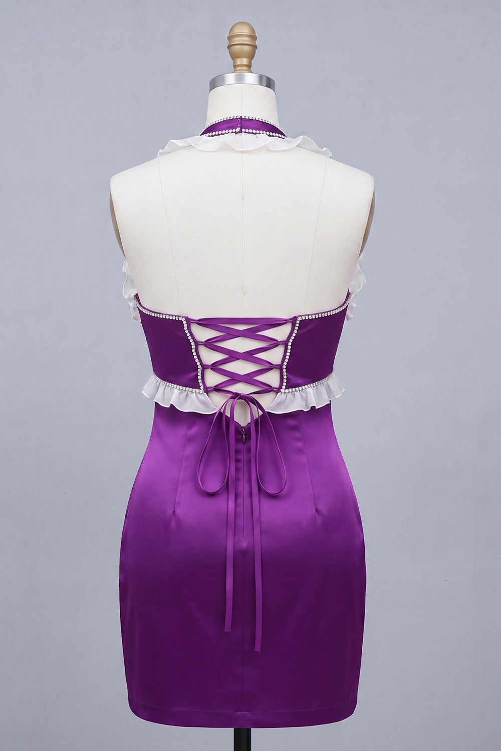 Satin Purple Bodycon Beaded Halter Neck Short Homecoming Dress with Lace Up Back
