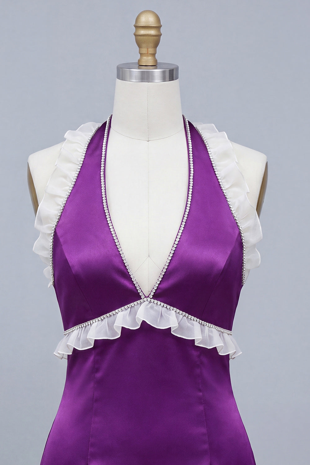Satin Purple Bodycon Beaded Halter Neck Short Homecoming Dress with Lace Up Back