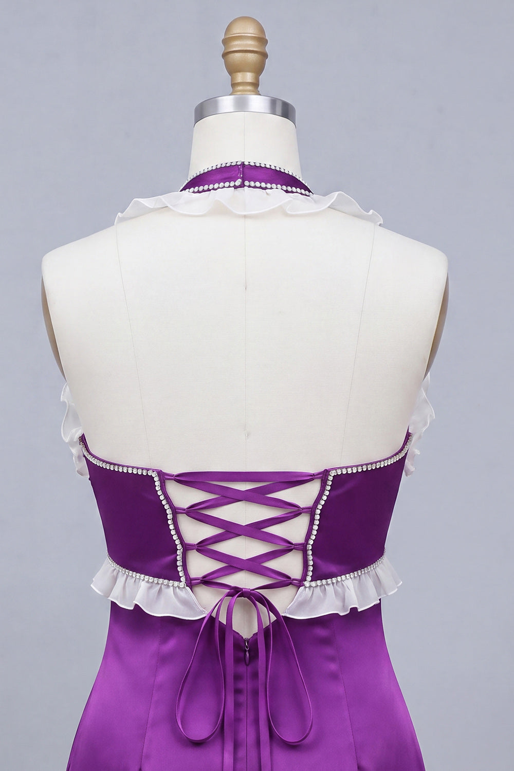 Satin Purple Bodycon Beaded Halter Neck Short Homecoming Dress with Lace Up Back