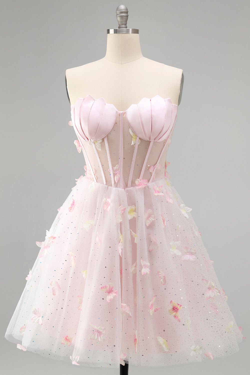 Blush Sweetheart A-Line Sheer Corset Butterfly Homecoming Dress with Lace Up Back
